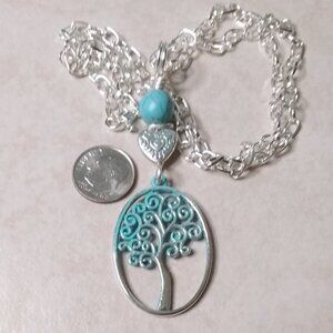 Verdigris Patina Painted Tree of Life Necklace 24" - Boho Beach Summer Vacation